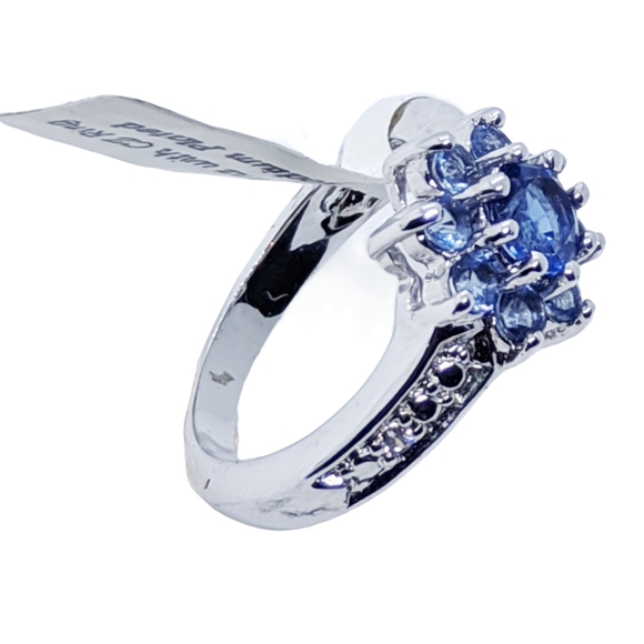 .Rhodium Plated Ring Faux Blue Tanzanites & CZ Stones - Picture 3 of 3